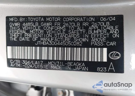 2004 Lexus Es 330 из США, поврежденный, VIN JTHBA30G445050282